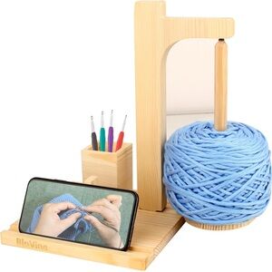 Wooden Yarn Holder with Blue Yarn